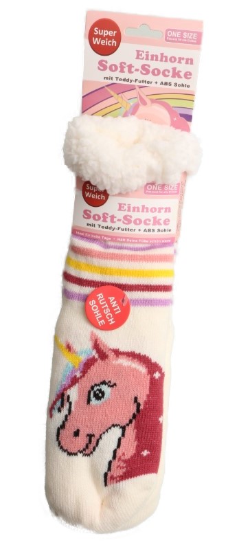 Beige Socken mit Einhornmotiv und Teddy-Futter, ausgestattet mit ABS-Stoppersohle.