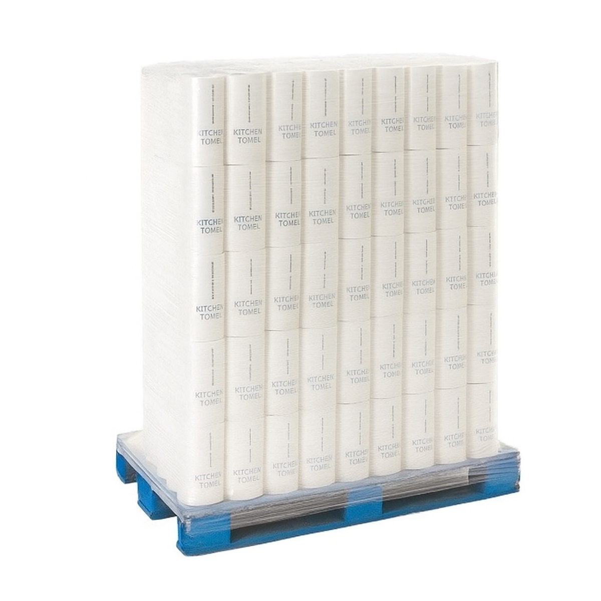 Vier Rollen hochweißer Küchenrollen, 3-lagig, auf einem blauen Palettenboden gestapelt.