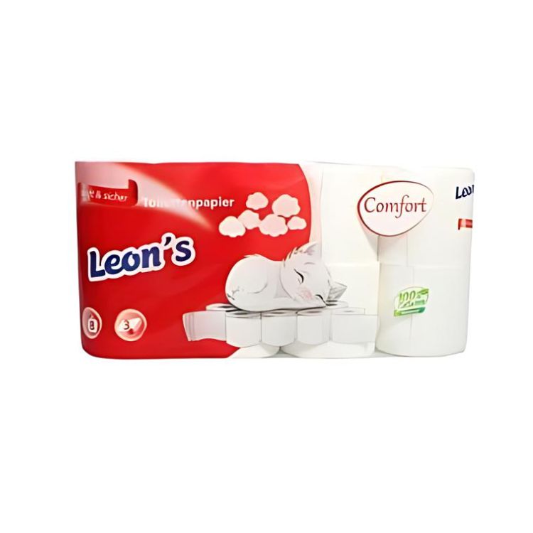 Packung mit 8 Rollen 3-lagigem weißen Toilettenpapier, verpackt und mit Prägung.