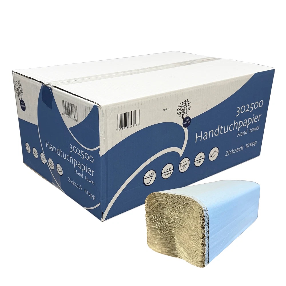 Kartons mit 250 Handtuchpapieren in grau mit V-Falz und sichtbarem Blattmaß.